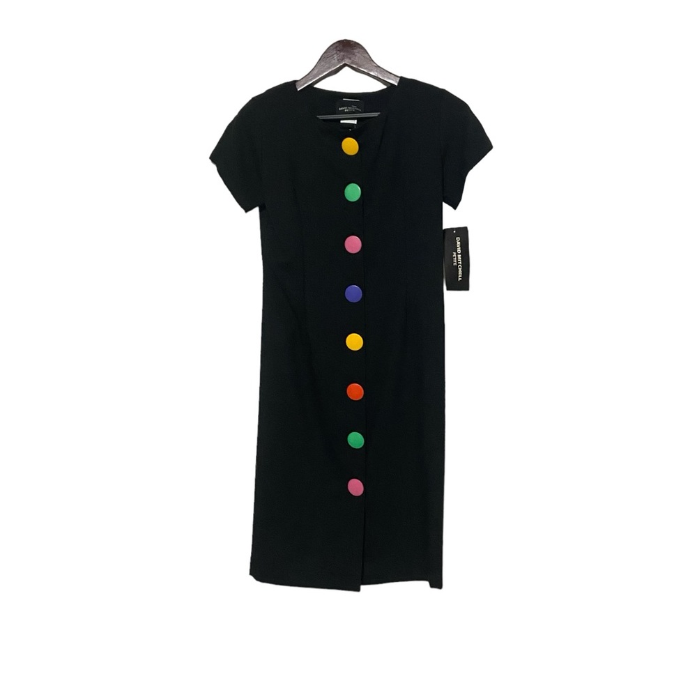 Vintage Rainbow Button Front Fitted David Mitchell Petite 80’s Dress Black - Picture 4 of 14
